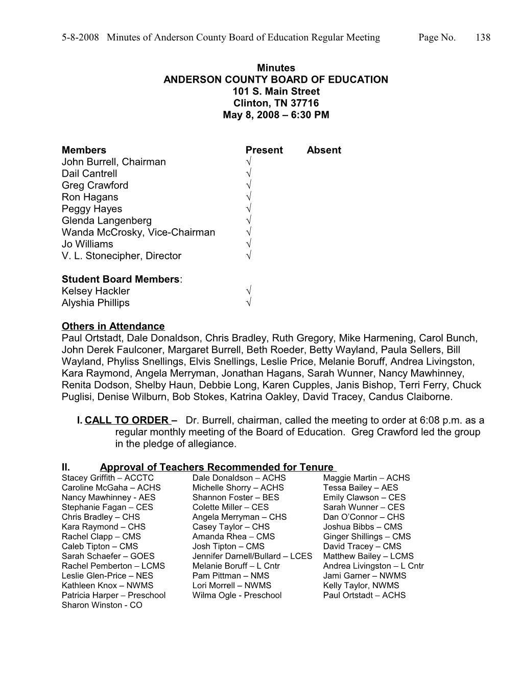 5-8-2008 Minutes of Andersoncounty Board of Education Regular Meeting Page No