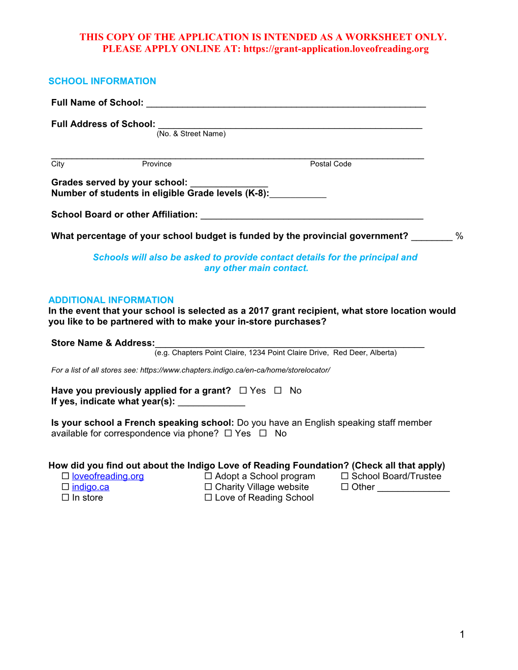 This Copy of the Application Is Intended As a Worksheet Only