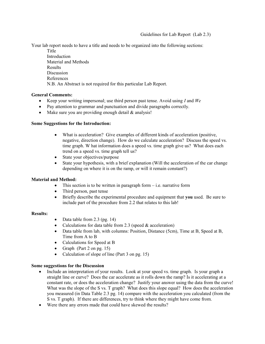 Guidelines for Lab Report (Lab 2.3)