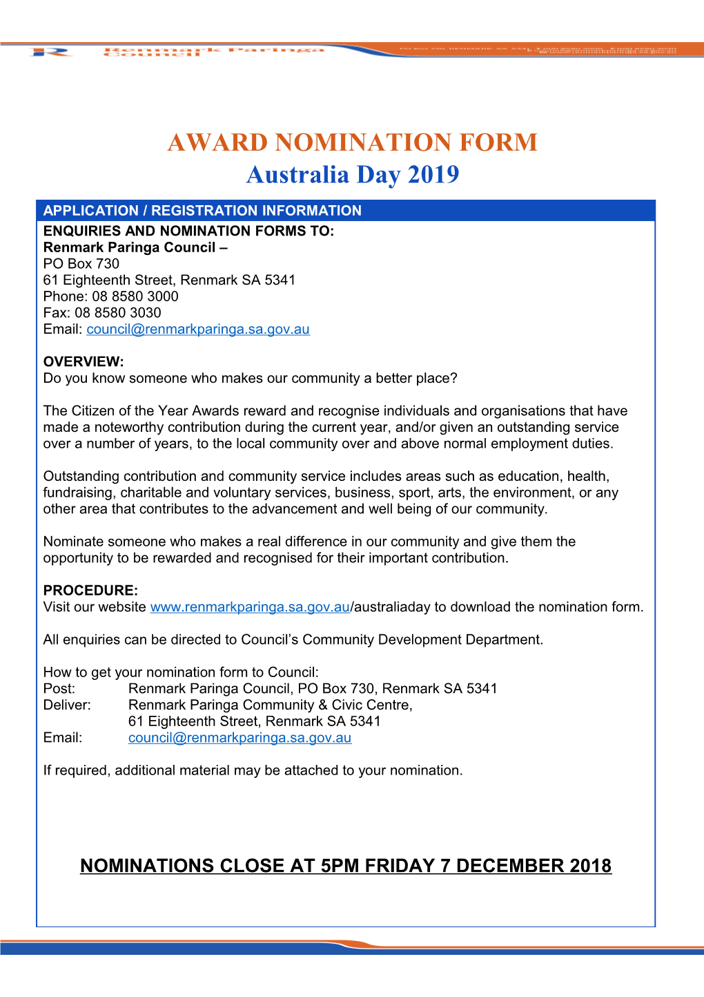 AWARD NOMINATION FORM Australia Day 2019