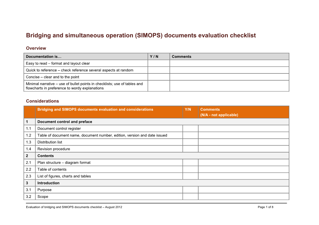 PS - Template - Evaluation of Bridging and SIMOPS Documents Checklist - Aug 2012