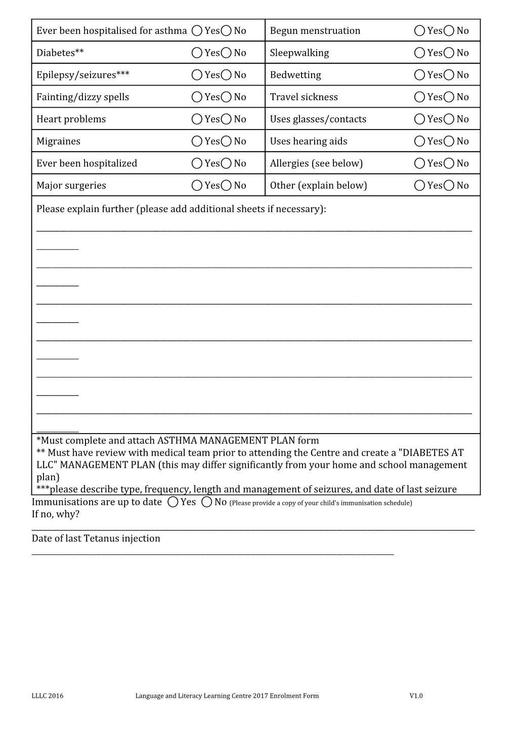 LLLC Enrolment Form, 2017