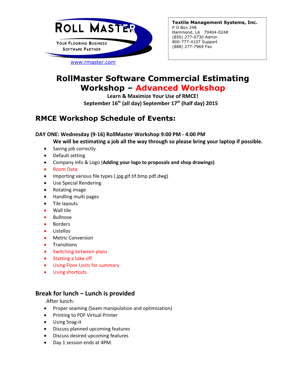 Rollmaster Software Commercial Estimating Workshop Advanced Workshop