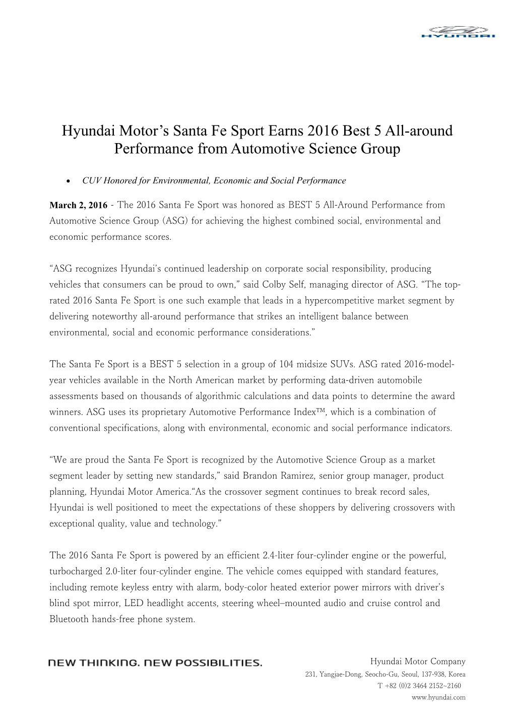 Hyundai Motor S Santa Fe Sport Earns 2016 Best 5 All-Aroundperformance from Automotive