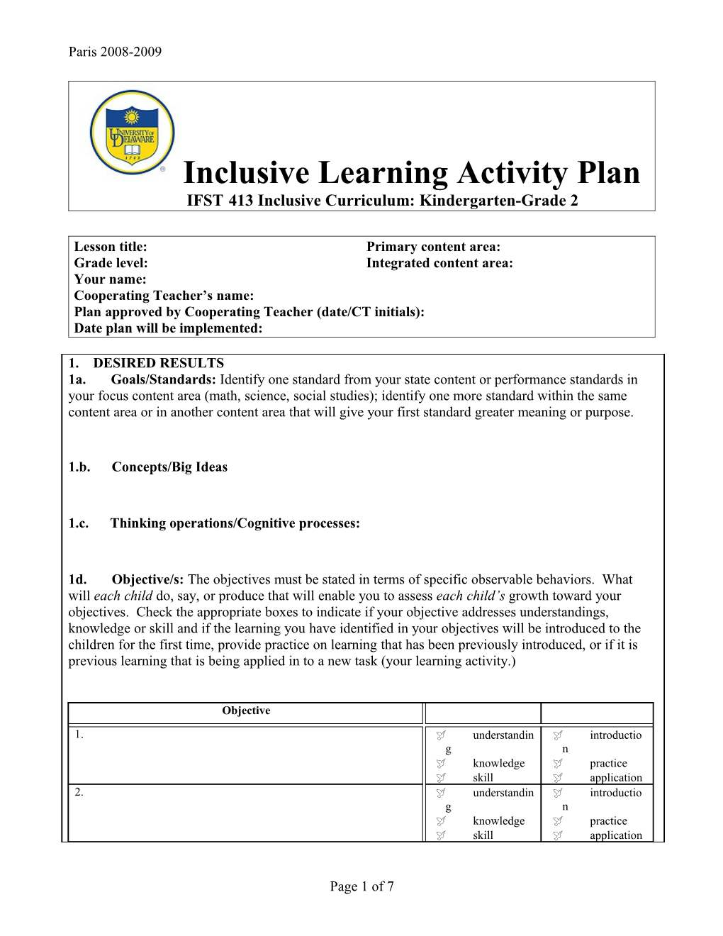 IFST413 Inclusive Curriculum: Kindergarten-Grade 2