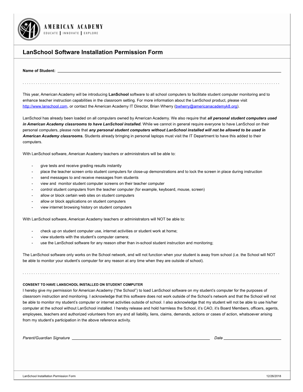 Lanschool Software Installation Permission Form