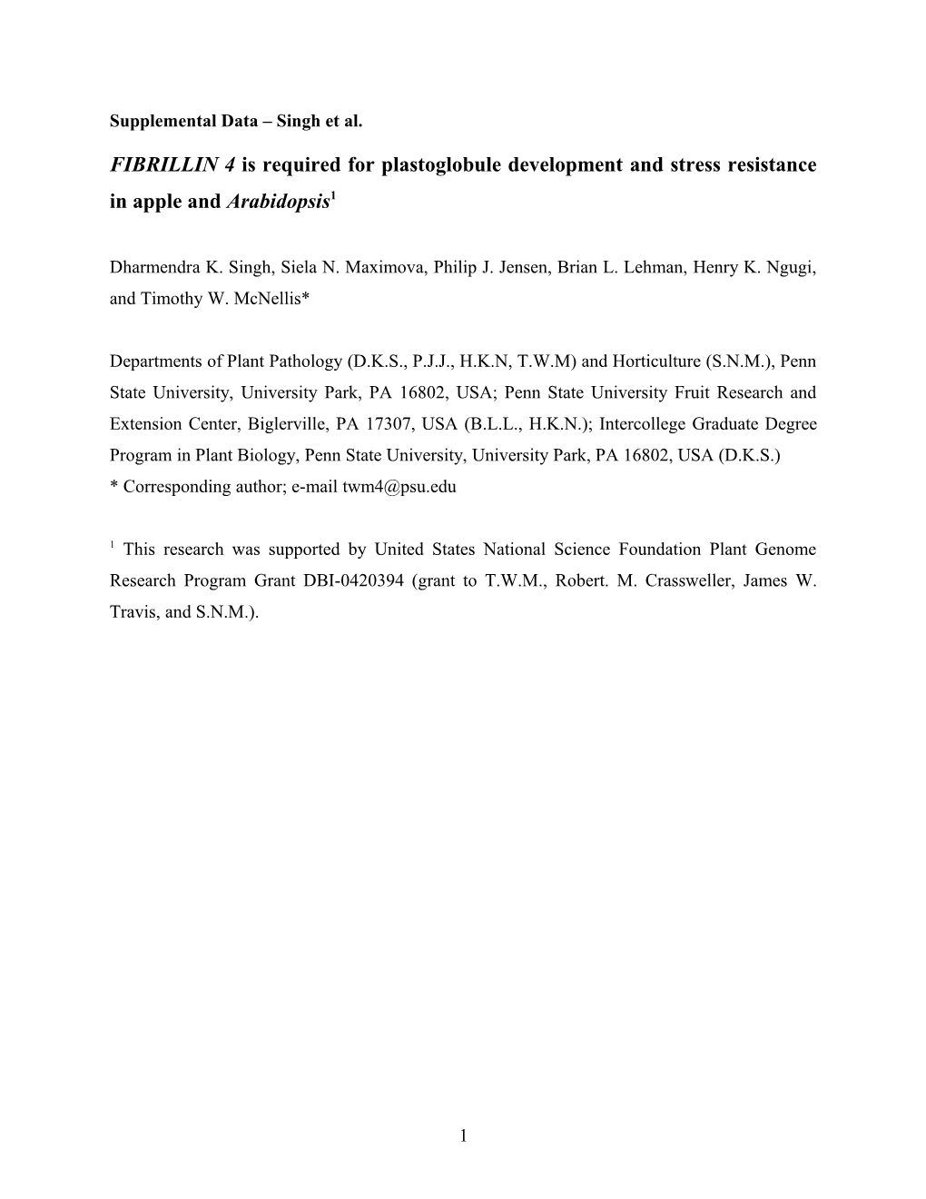 FIBRILLIN 4 Is Required for Plastoglobule Development and Stress Resistance in Apple And