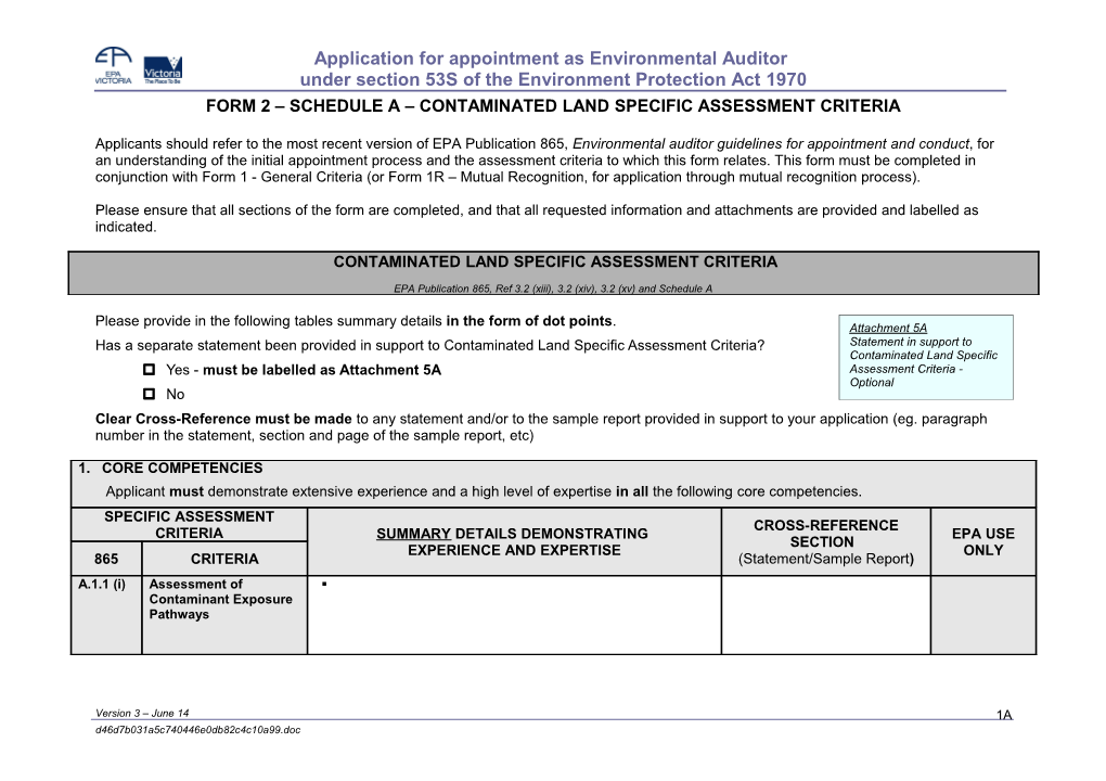 Form 2 Schedule a Contaminated Land Specific Assessment Criteria