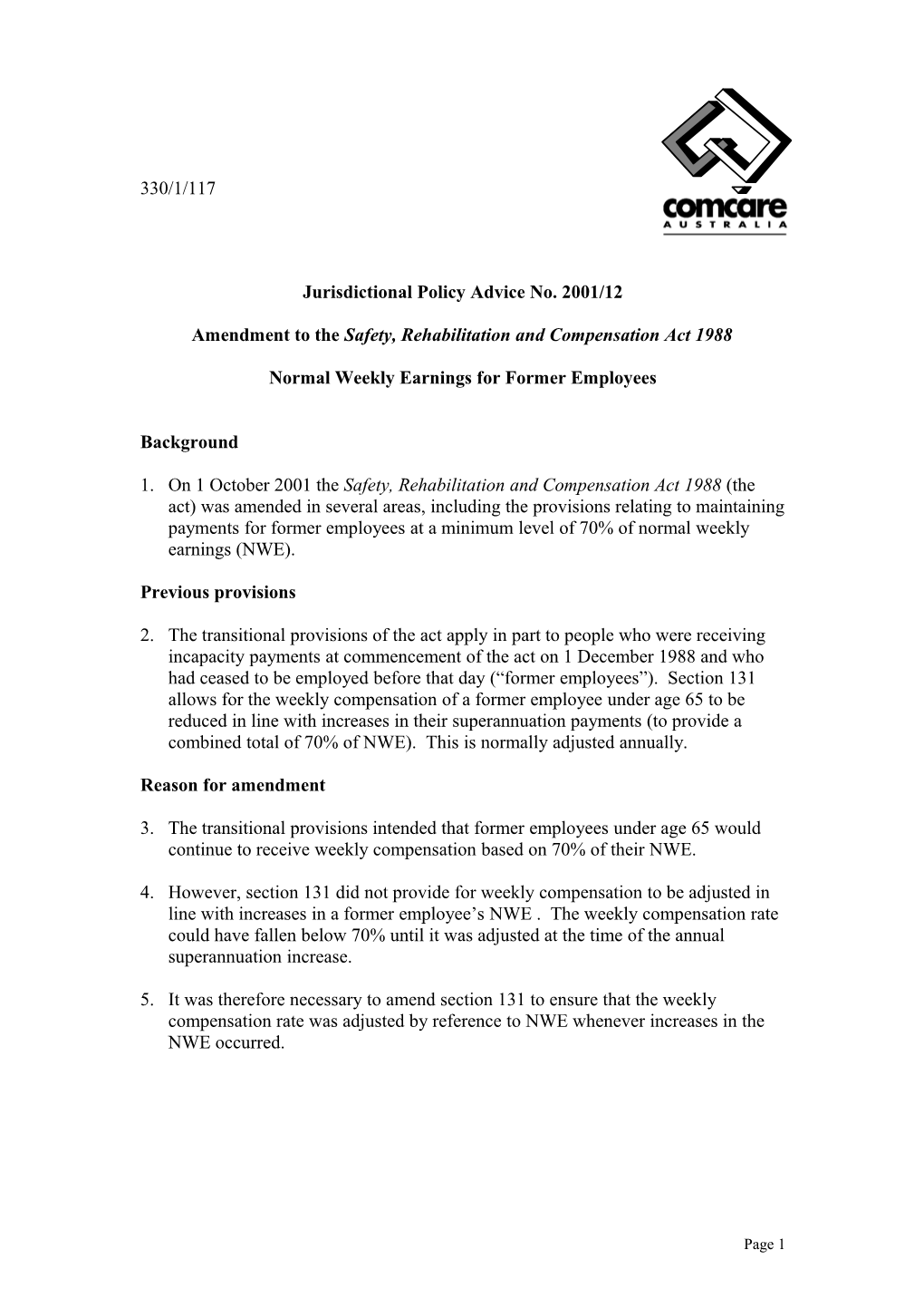 JPA 2001-12 Amendment to the SRC Act 1988 Normal Weekly Earnings for Former Employees