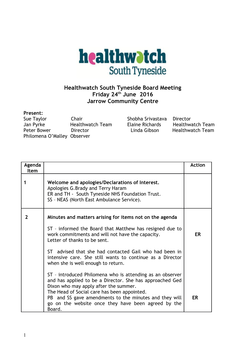 Healthwatch South Tyneside Board Meeting