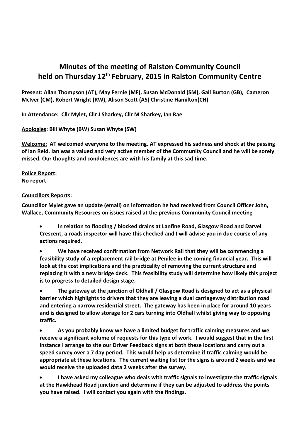 Minutes of the Meeting of Ralston Community Council