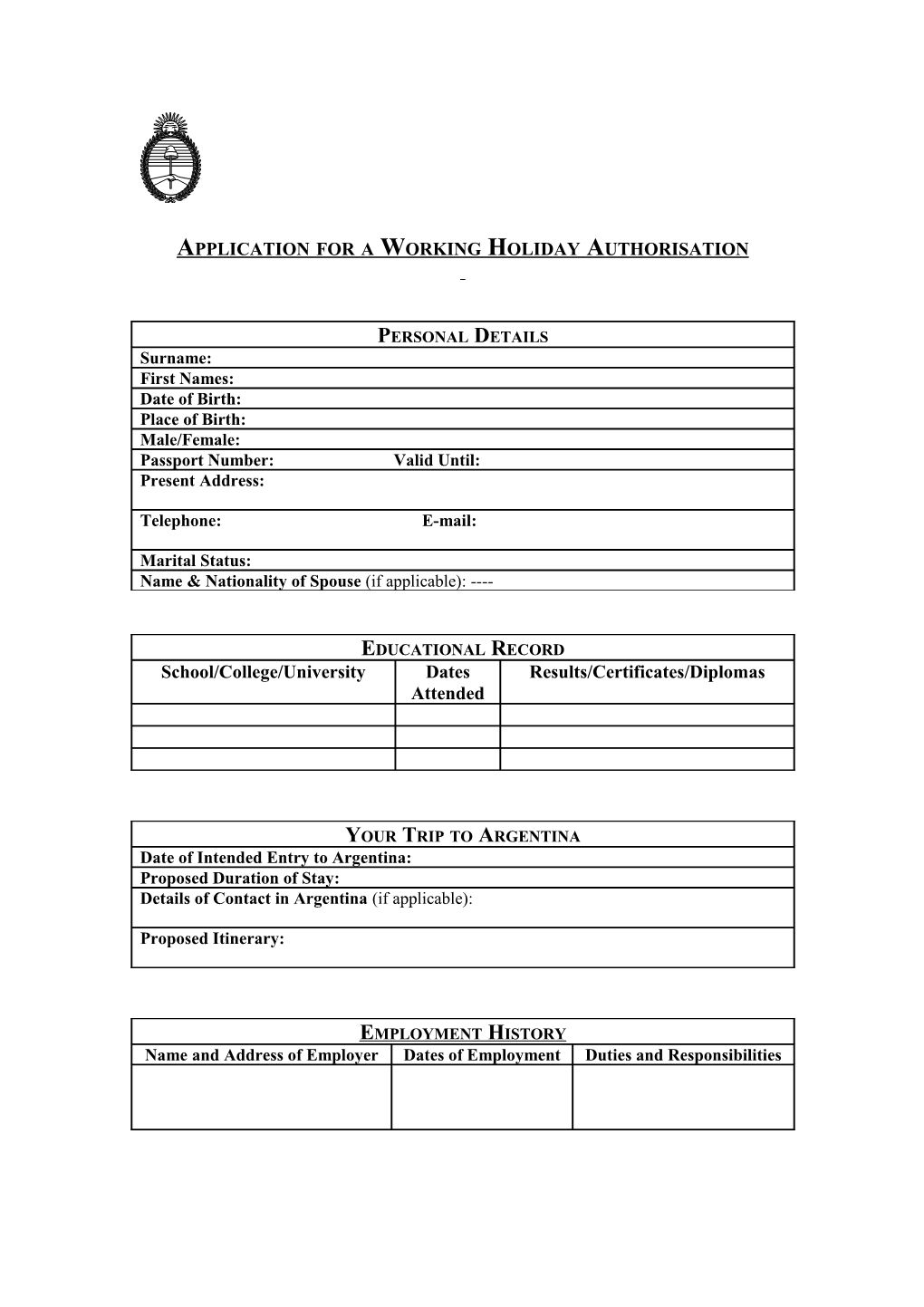 Application for a Working Holiday Authorisation