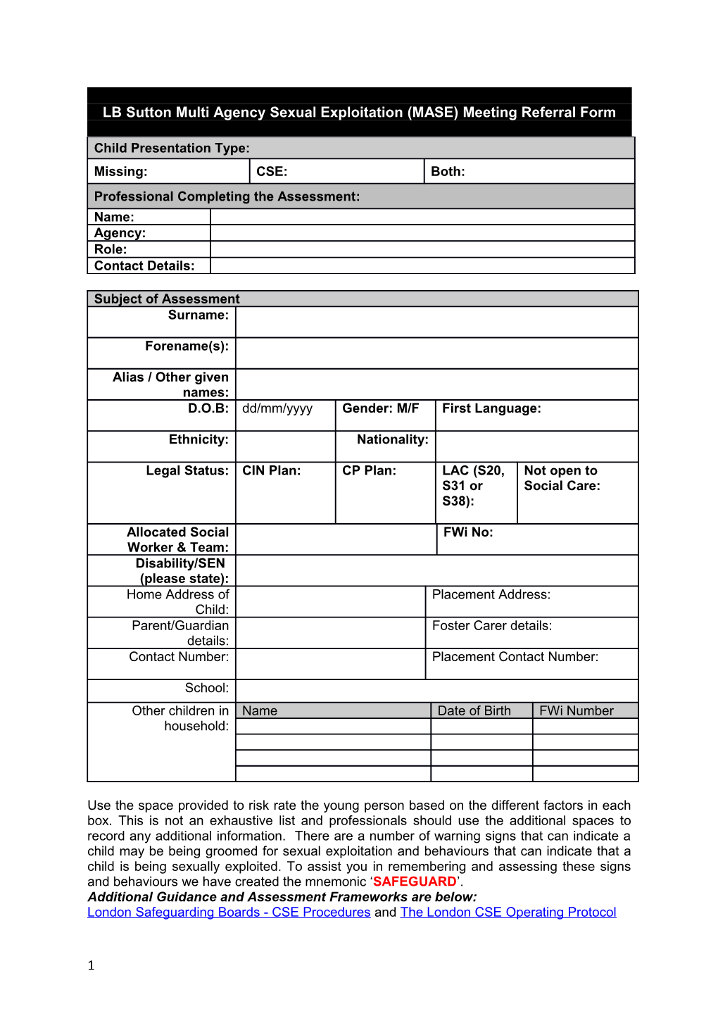 LB Sutton Multi Agency Sexual Exploitation (MASE) Meeting Referral Form