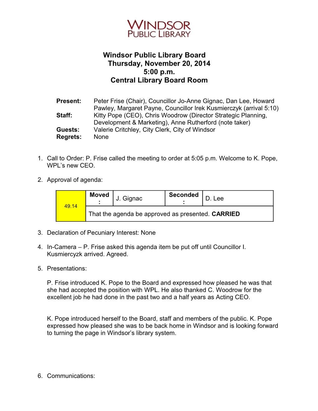 Windsor Public Library Board Meeting Minutes November 20, 2014
