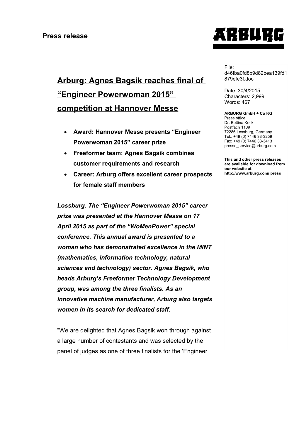 Arburg:Agnes Bagsik Reaches Final of Engineer Powerwoman 2015 Competition at Hannover Messe
