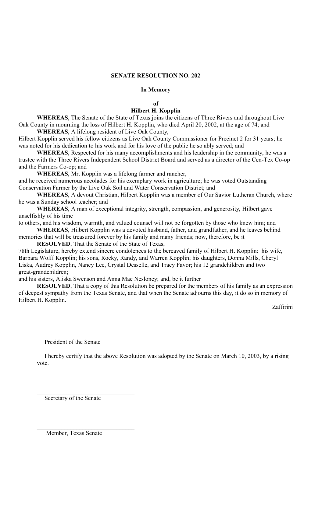 Senate Resolution No. 202