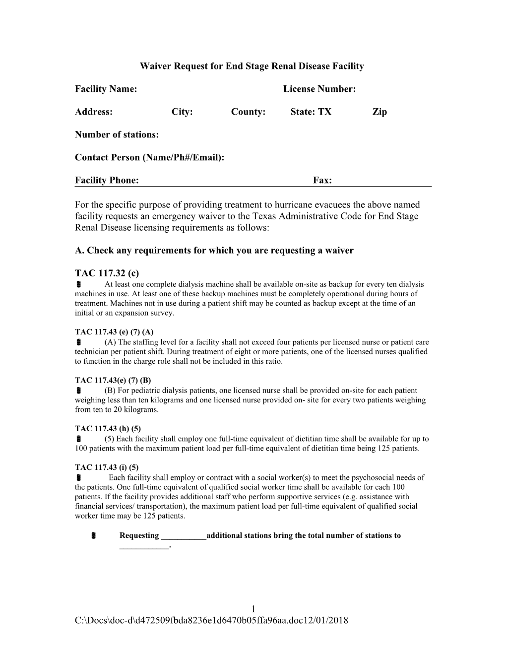 Waiver Request for End Stage Renal Disease Facility