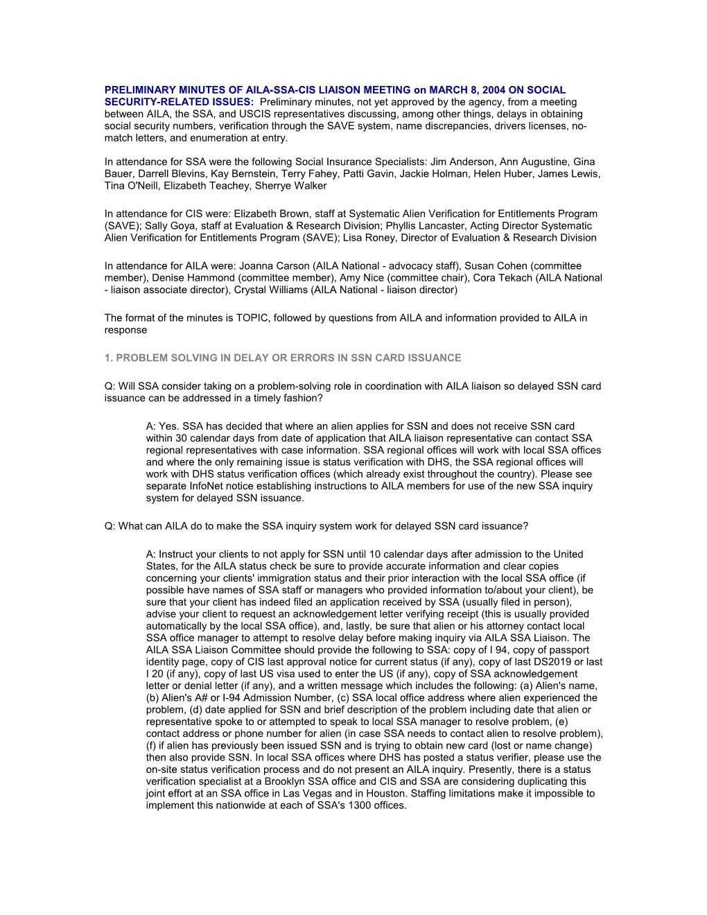 PRELIMINARY MINUTES of AILA-SSA-CIS LIAISON MEETING on MARCH 8, 2004 on SOCIAL SECURITY-RELATED