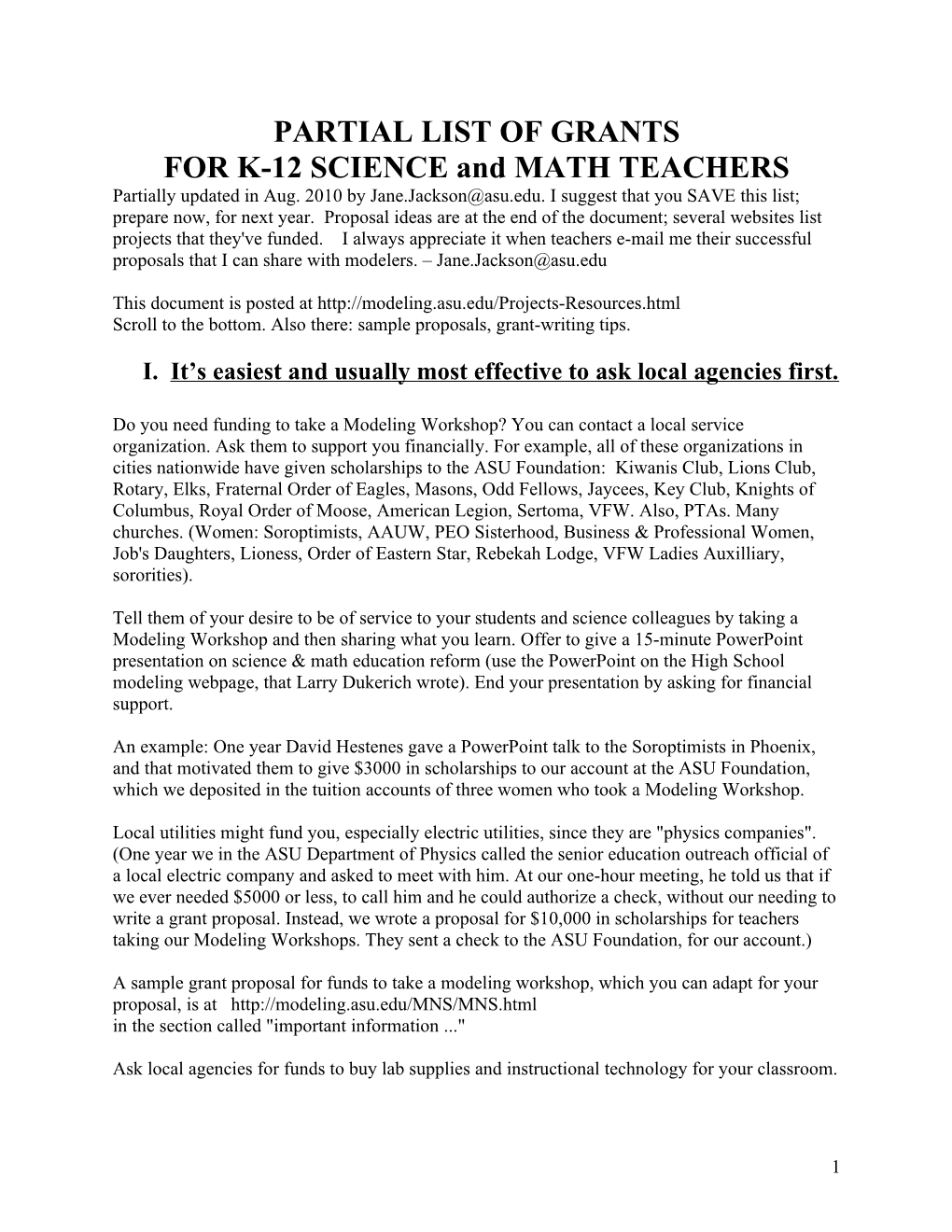 PARTIAL LIST of GRANTS for K-12 SCIENCE and MATH TEACHERS
