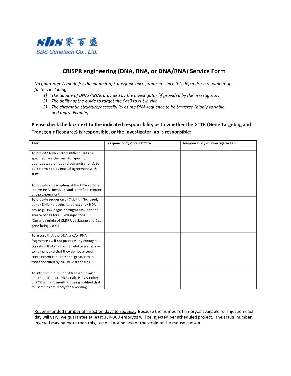 CRISPR Engineering (DNA, RNA, Or DNA/RNA) Microinjection Service Form