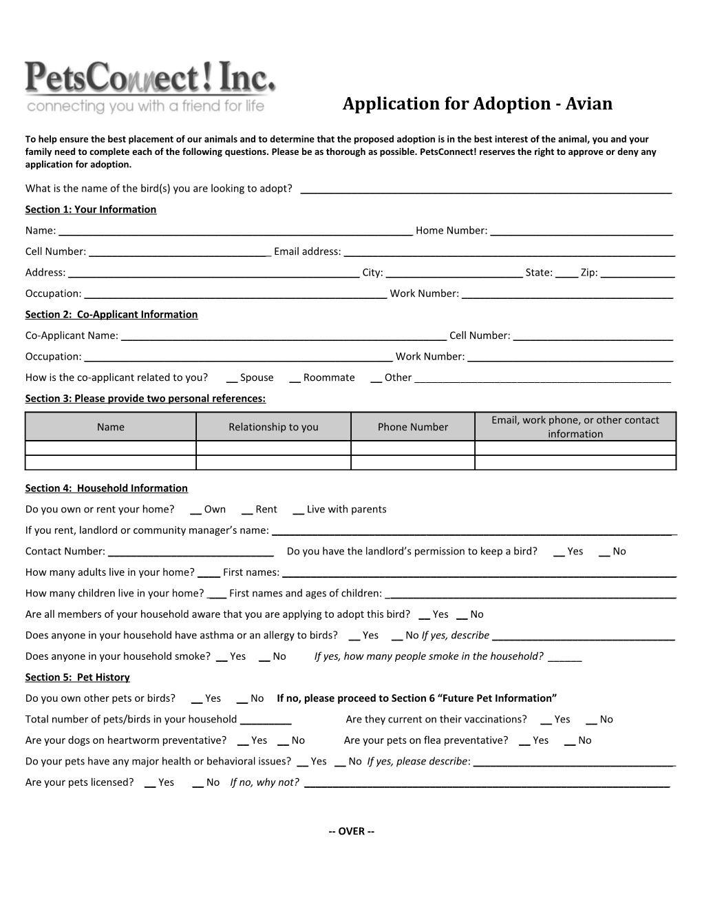 Application for Adoption - Avian