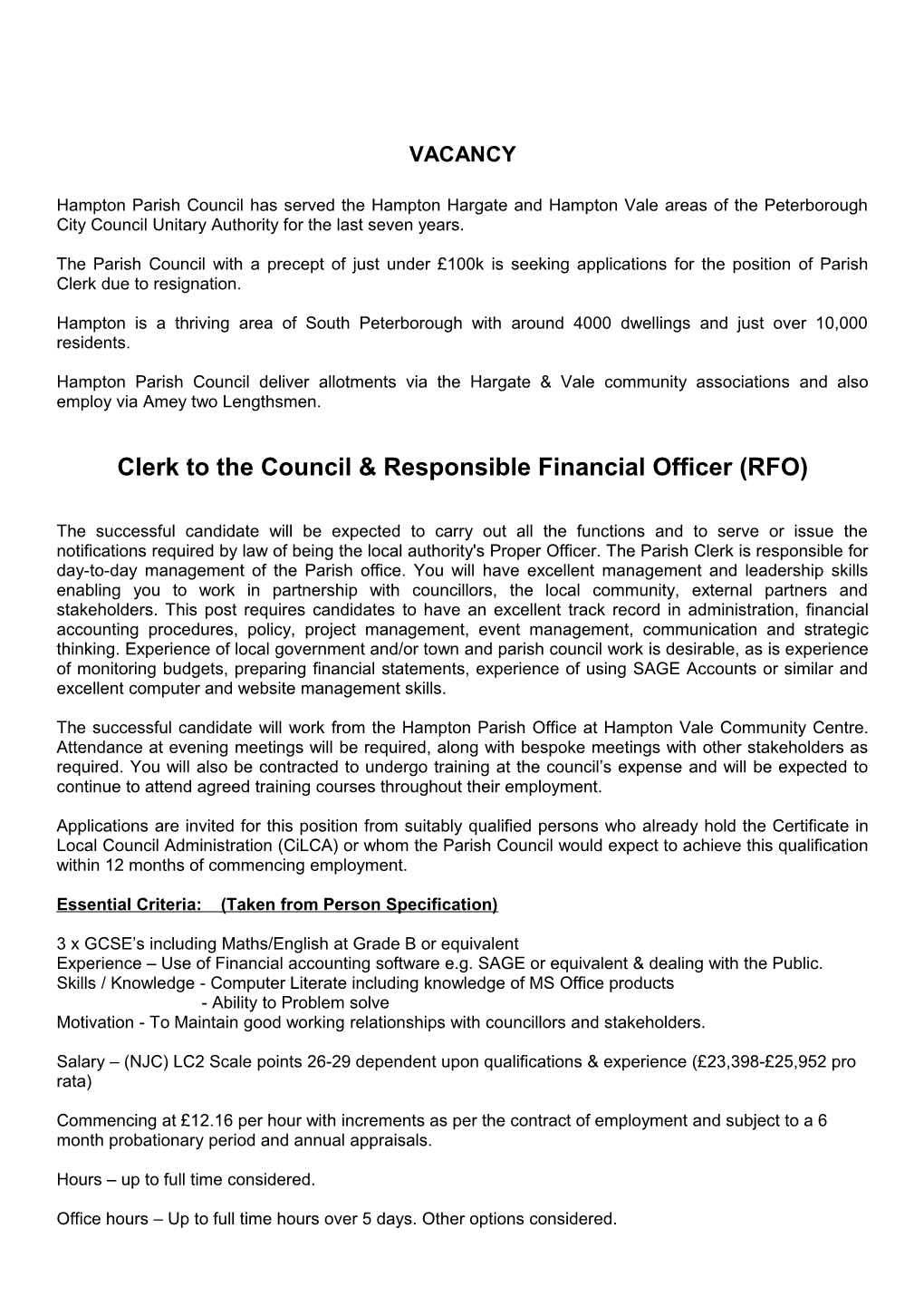 Clerk to the Council & Responsible Financial Officer (RFO)
