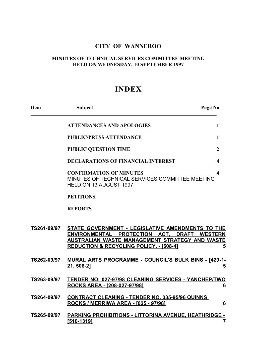 City of Wanneroo - Technical Services Committee Meeting - 10 September 1997