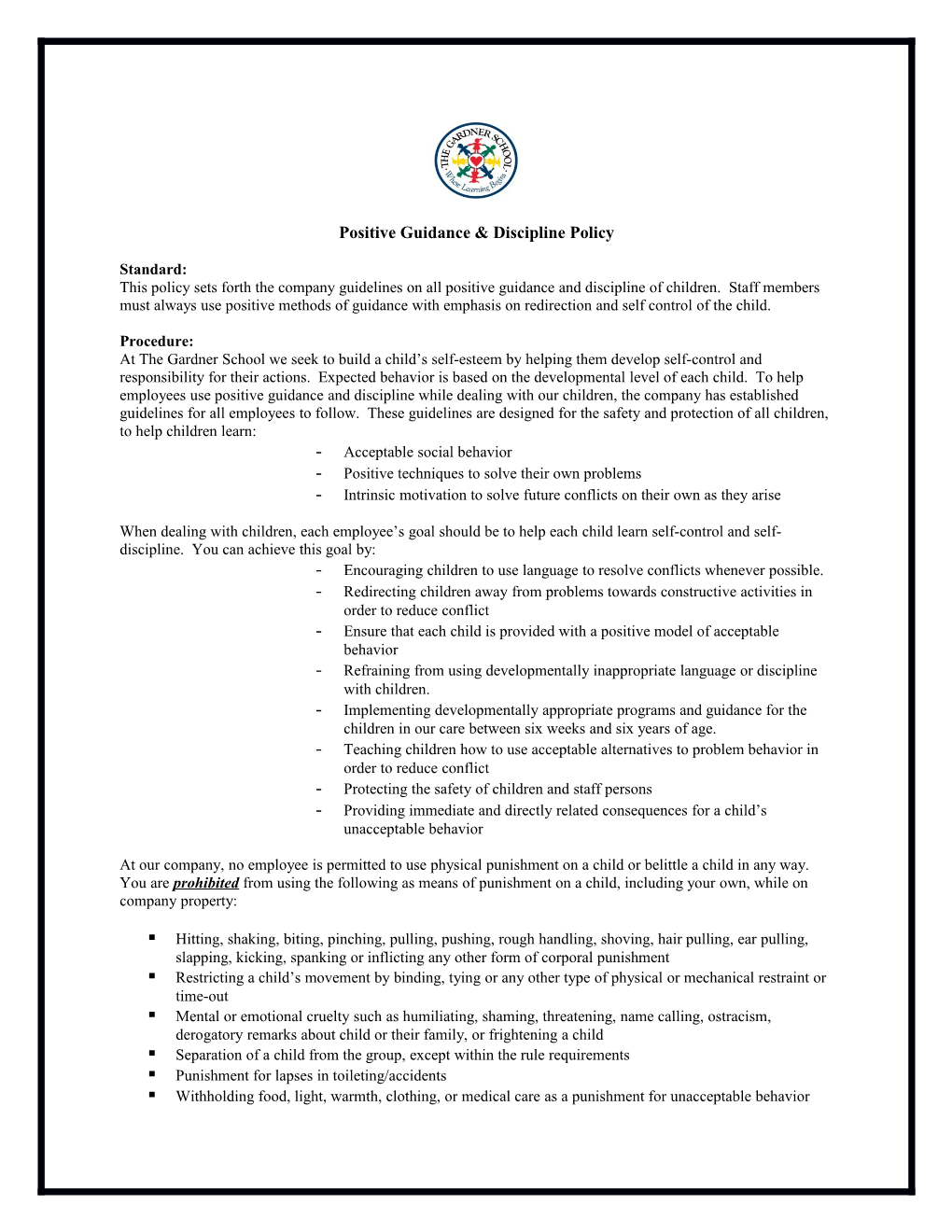 Positive Guidance & Discipline Policy
