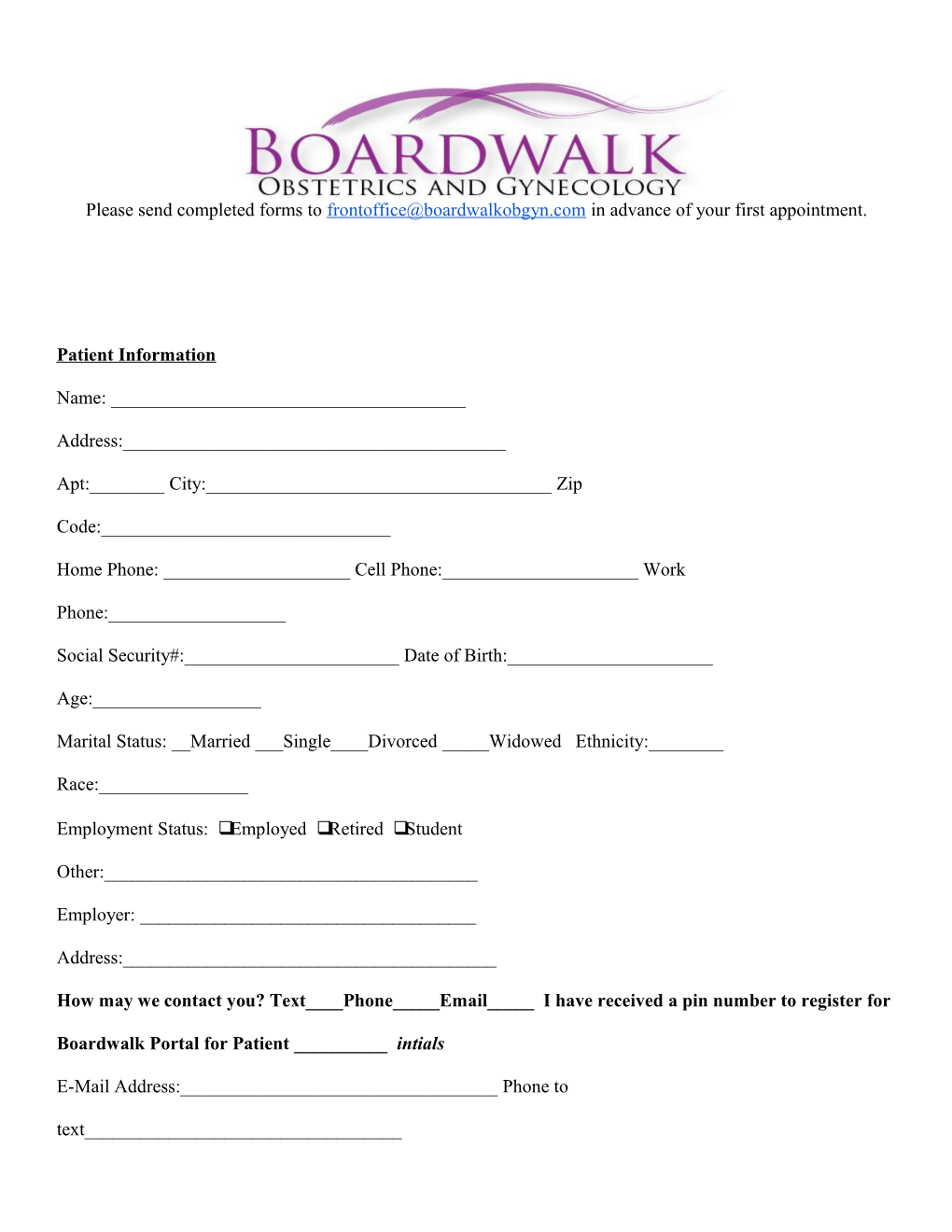 Please Send Completed Forms to in Advance of Your First Appointment