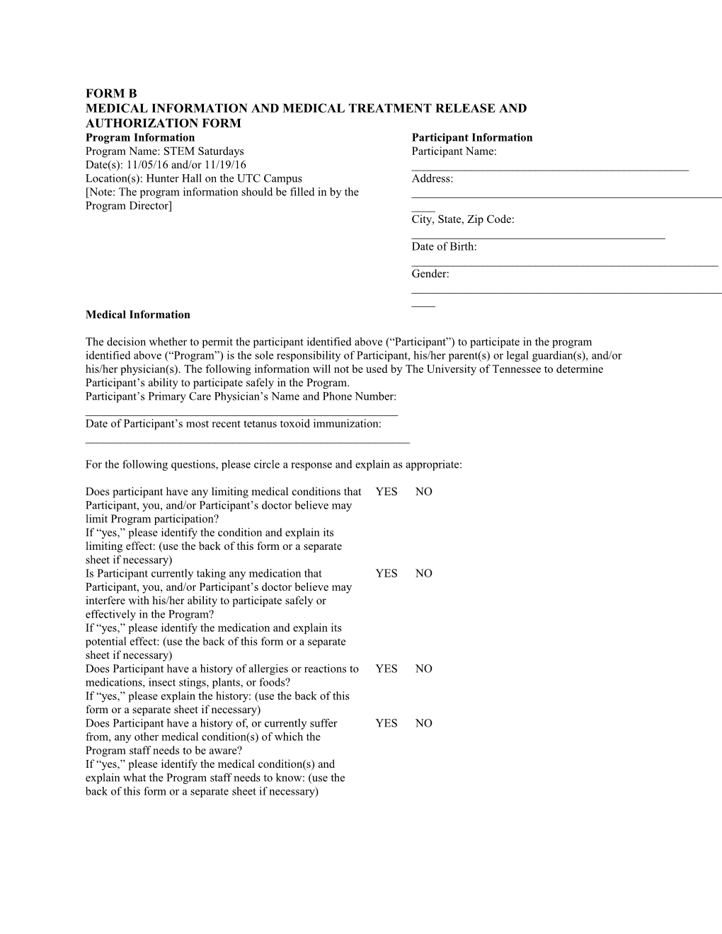 Medical Information and Medical Treatment Release and Authorization Form
