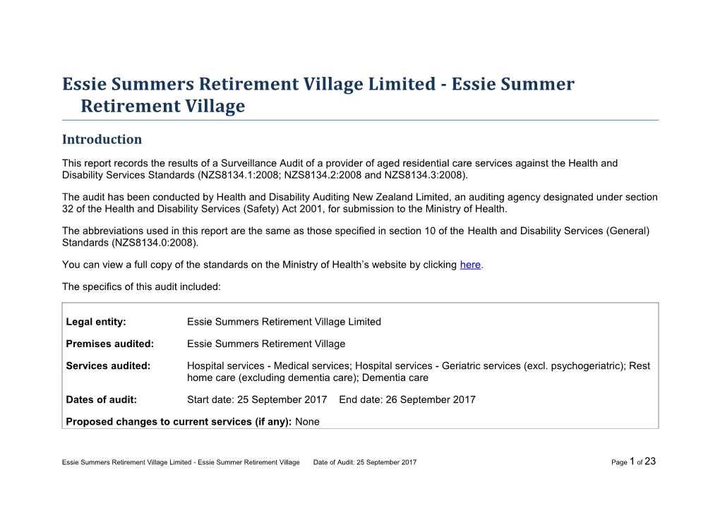 Essie Summers Retirement Village Limited - Essie Summer Retirement Village
