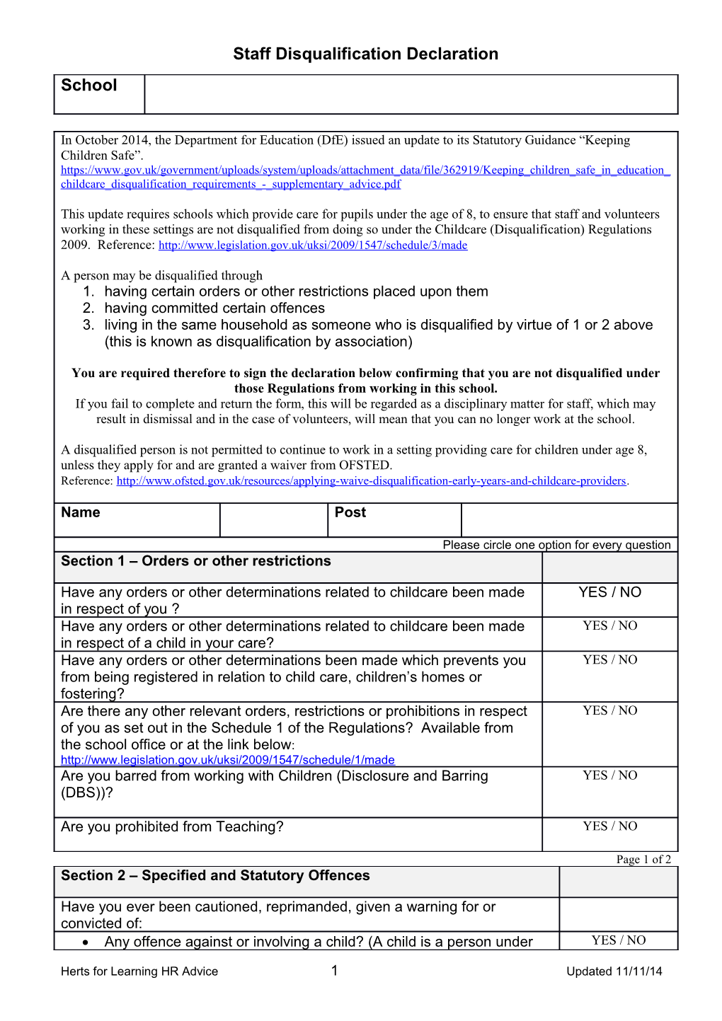 Staff Disqualification Declaration Form