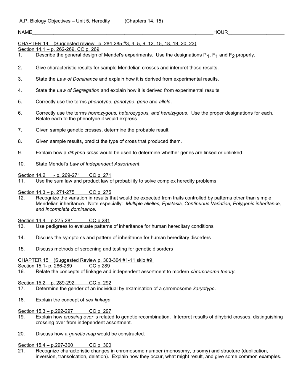 Biology 3 Chapter 8 & 9 Objectives