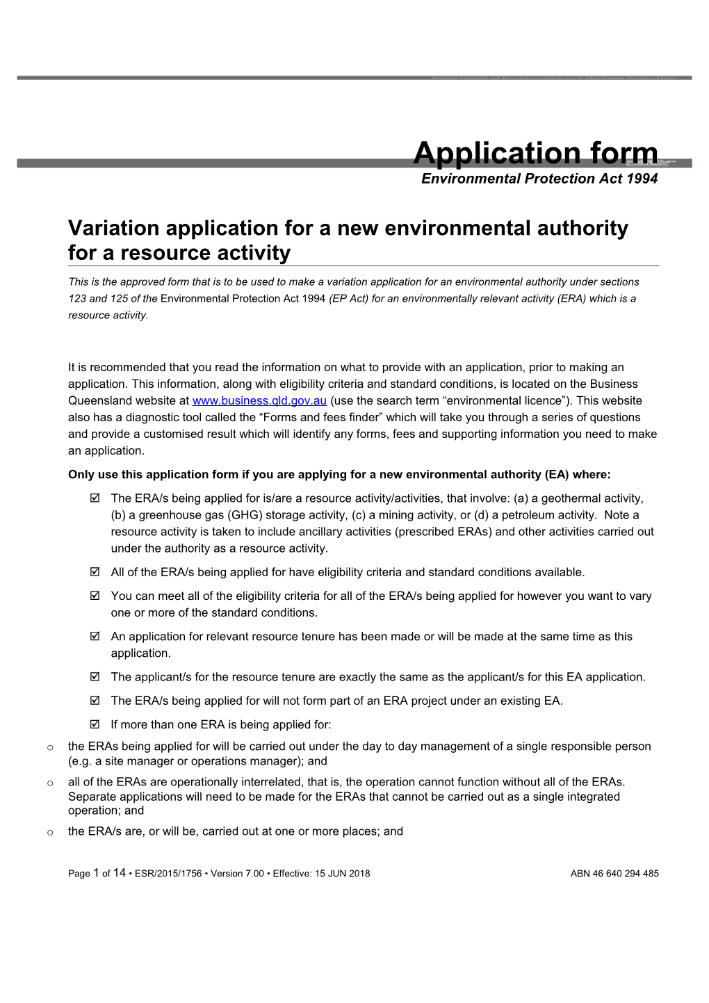 Variation Application for a New Environmental Authority for a Resource Activity