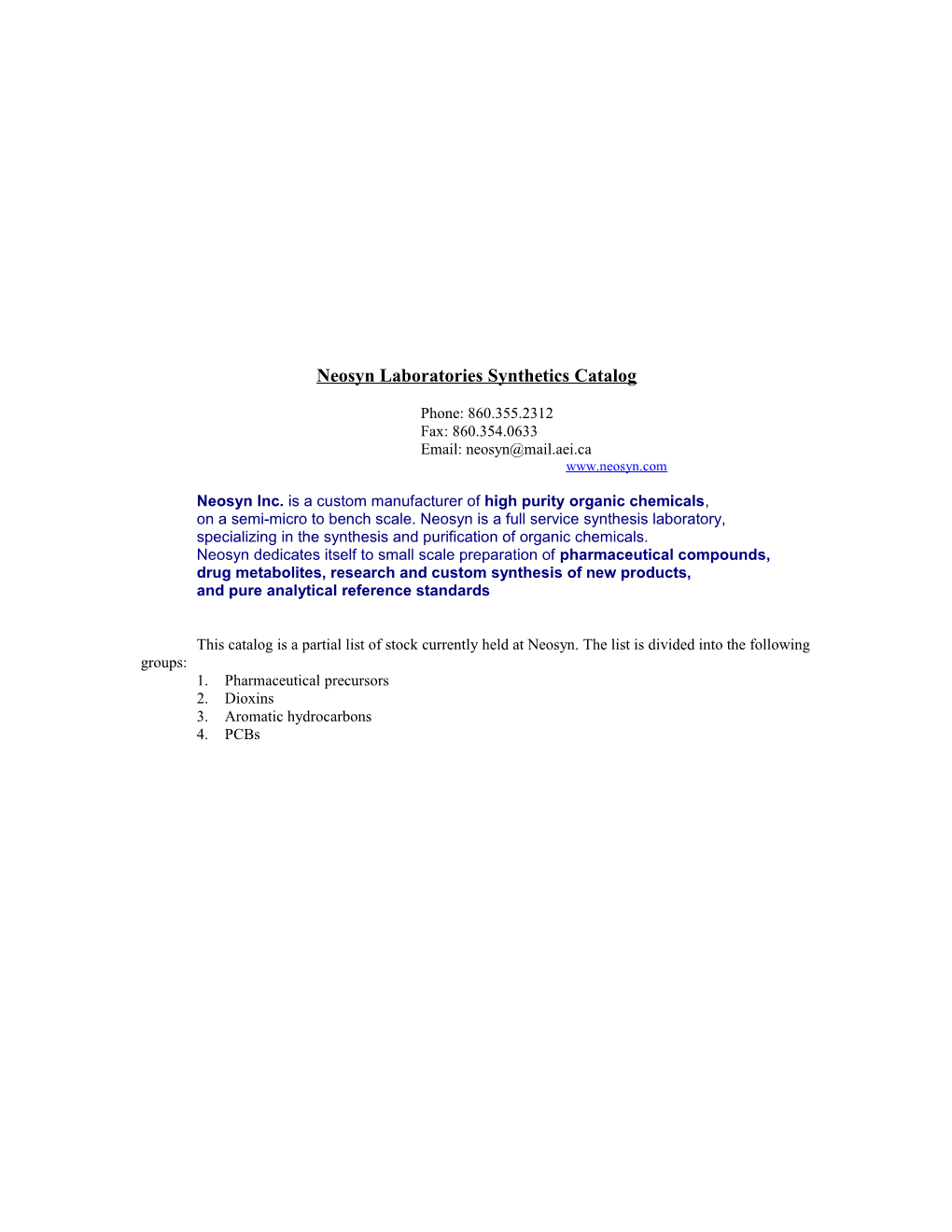 Neosyn Laboratories Synthetics Catalog