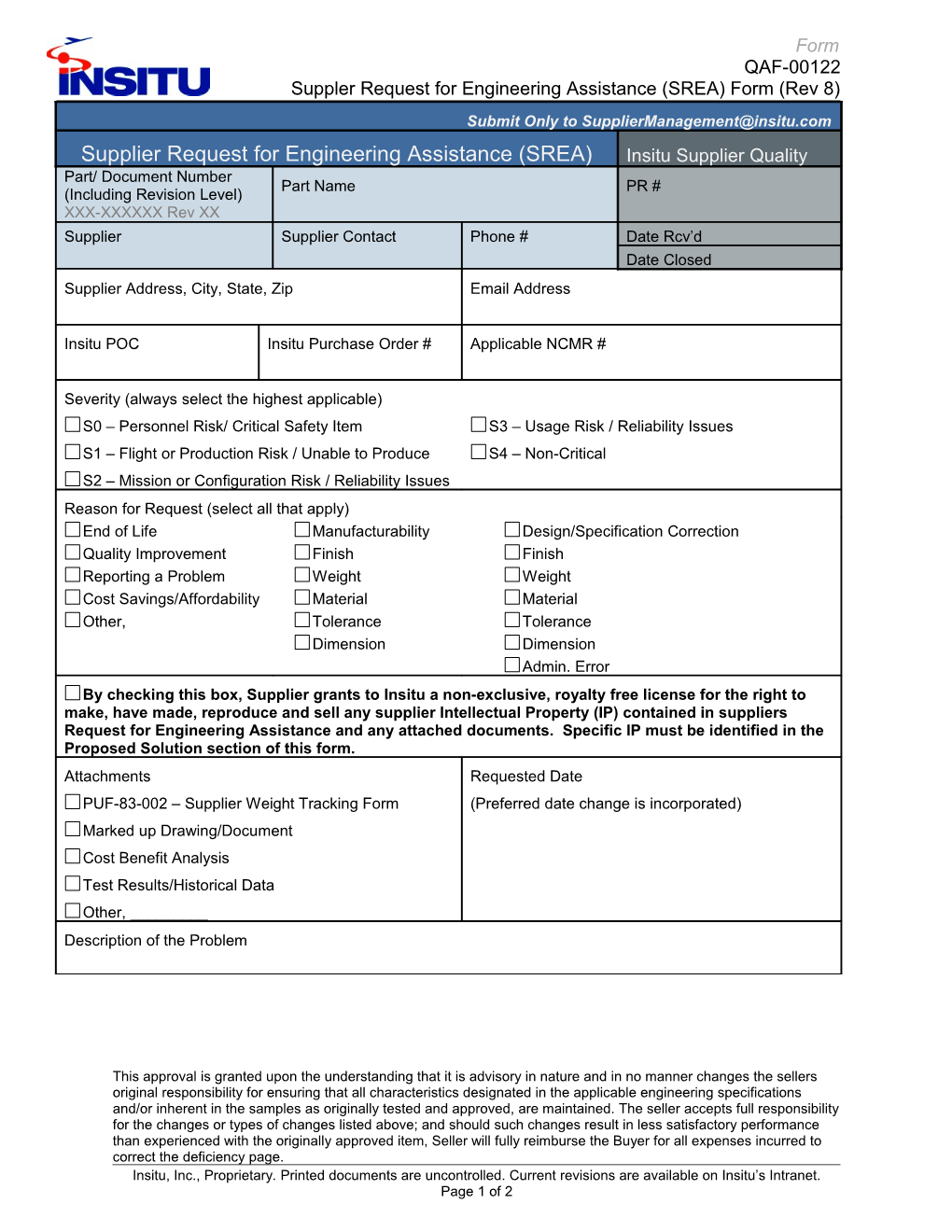 Suppler Request for Engineering Assistance (SREA) Form (Rev 8)