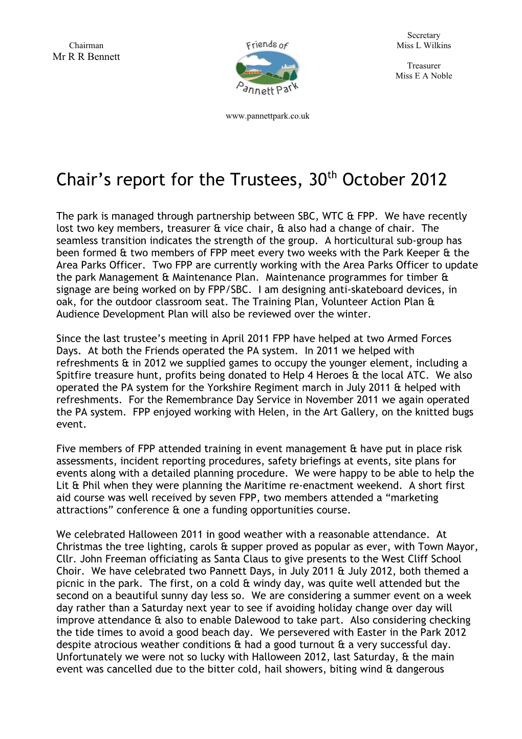 Chair S Report for the Trustees, 30Thoctober 2012