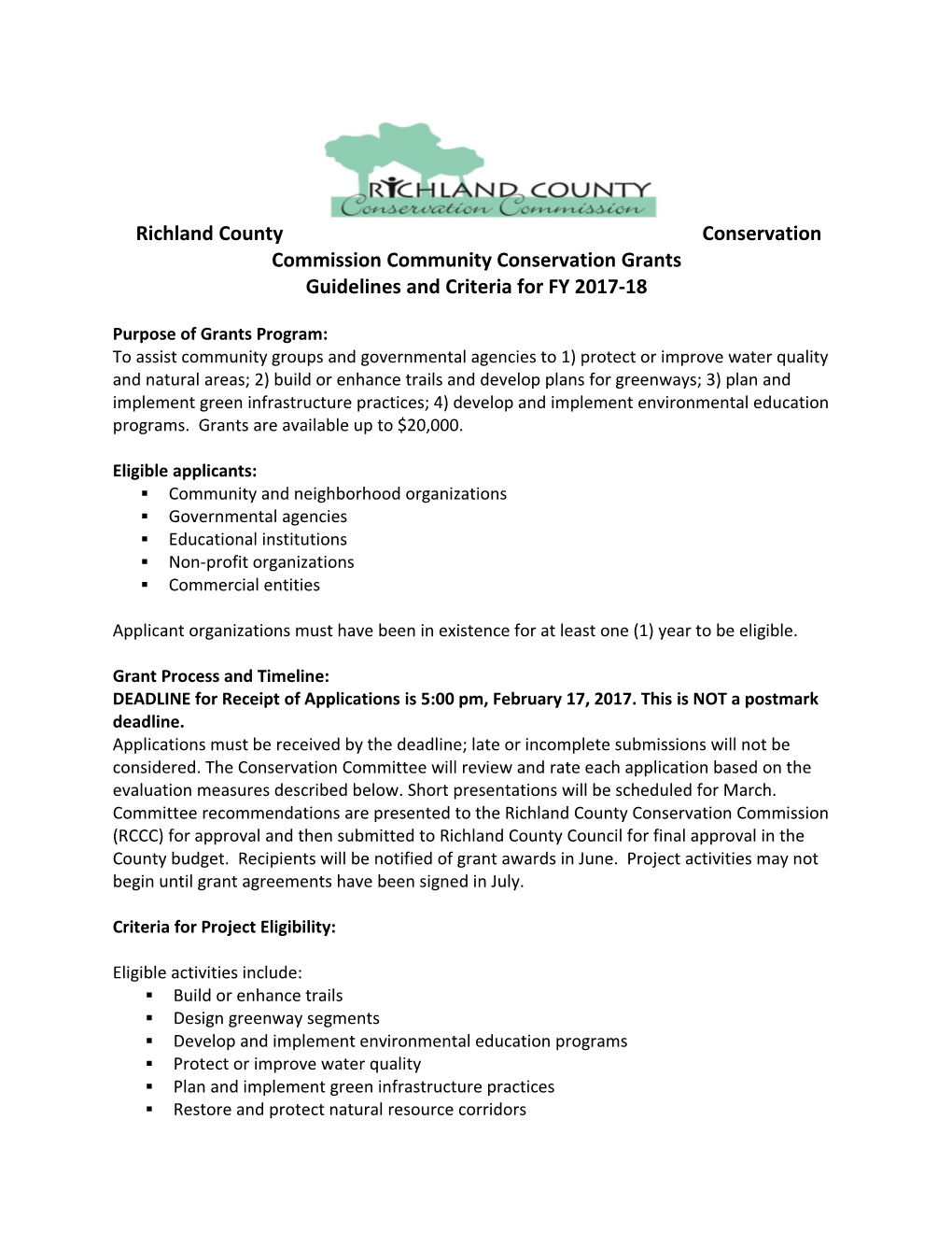 Richland County Conservation Commission Community Conservation Grants