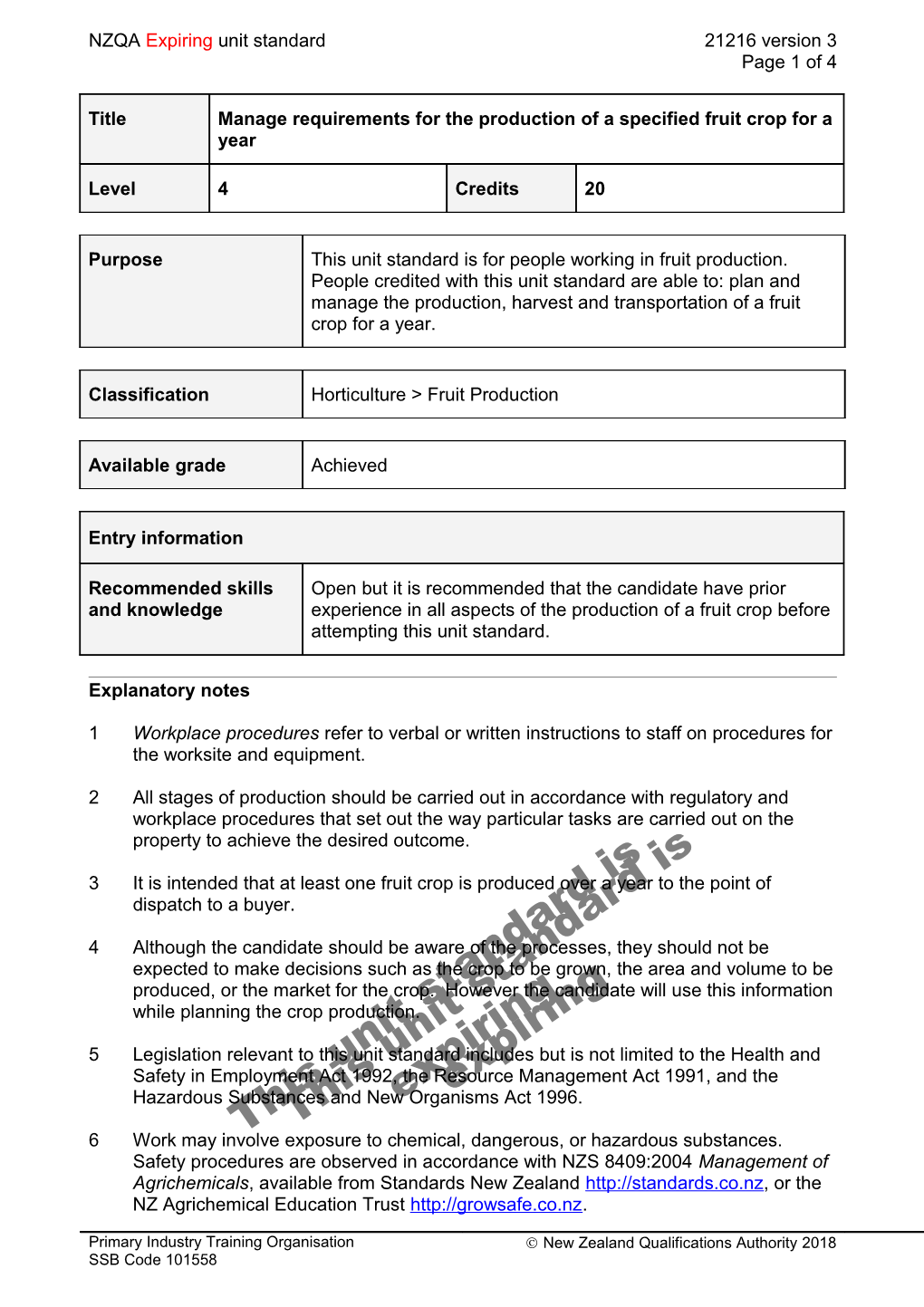 21216 Manage Requirements for the Production of a Specified Fruit Crop for a Year