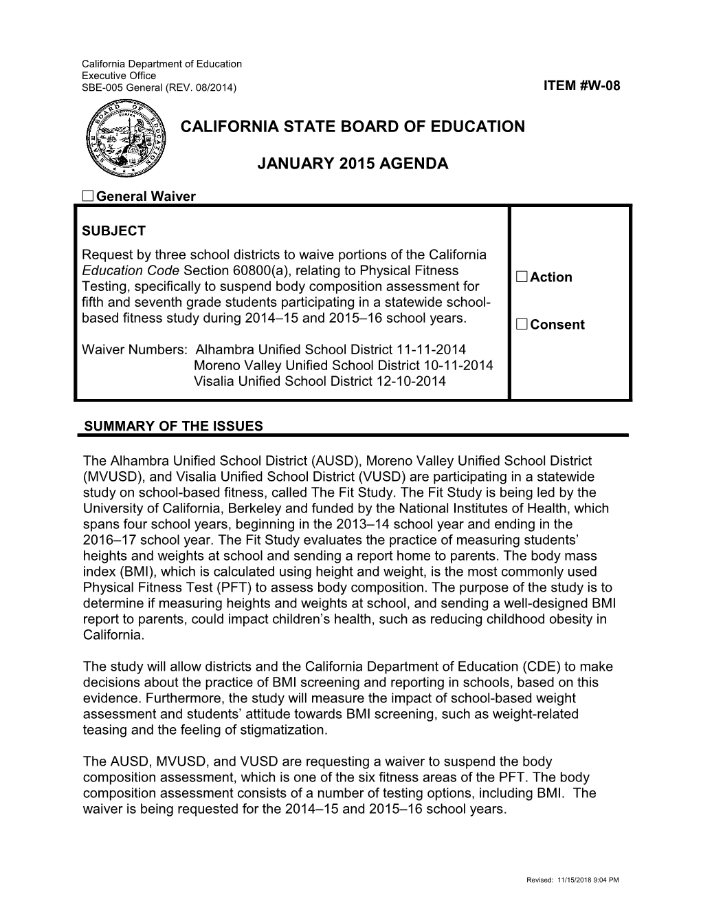 January 2015 Waiver Item W-08 - Meeting Agendas (CA State Board of Education)