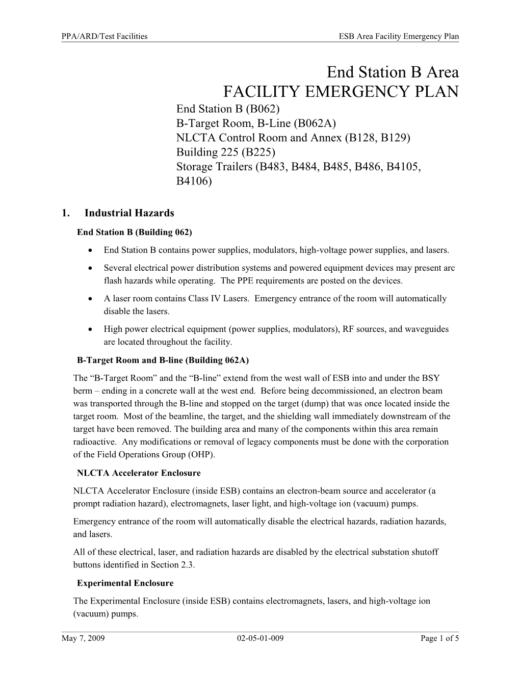 PPA/ARD/Test Facilitiesesb Area Facility Emergency Plan