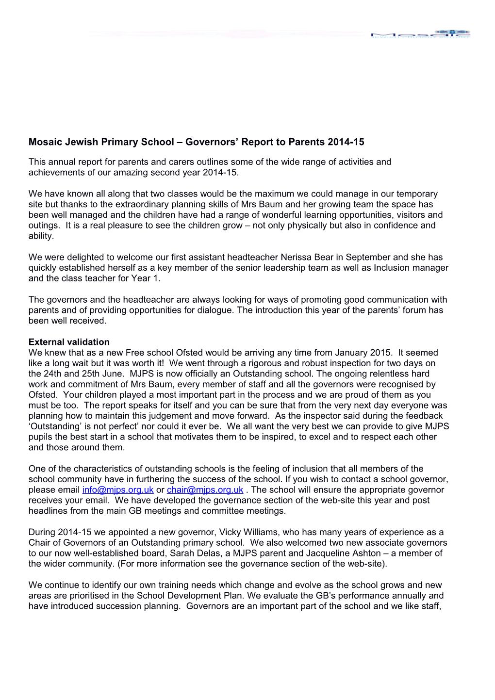Mosaic Jewish Primary School Governors Report to Parents 2014-15