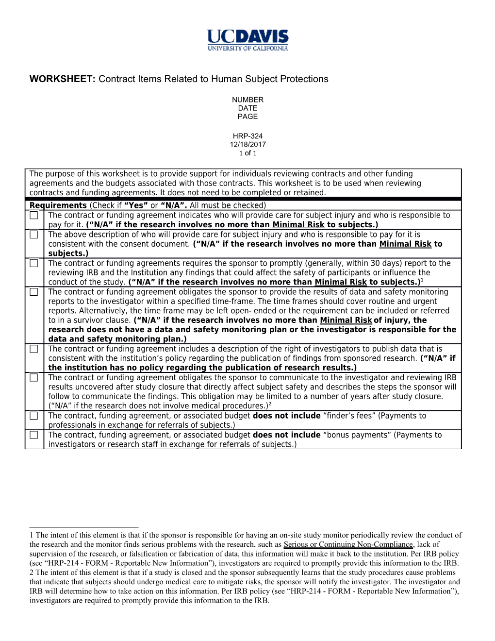 WORKSHEET: Contract Items Related to Human Subject Protections