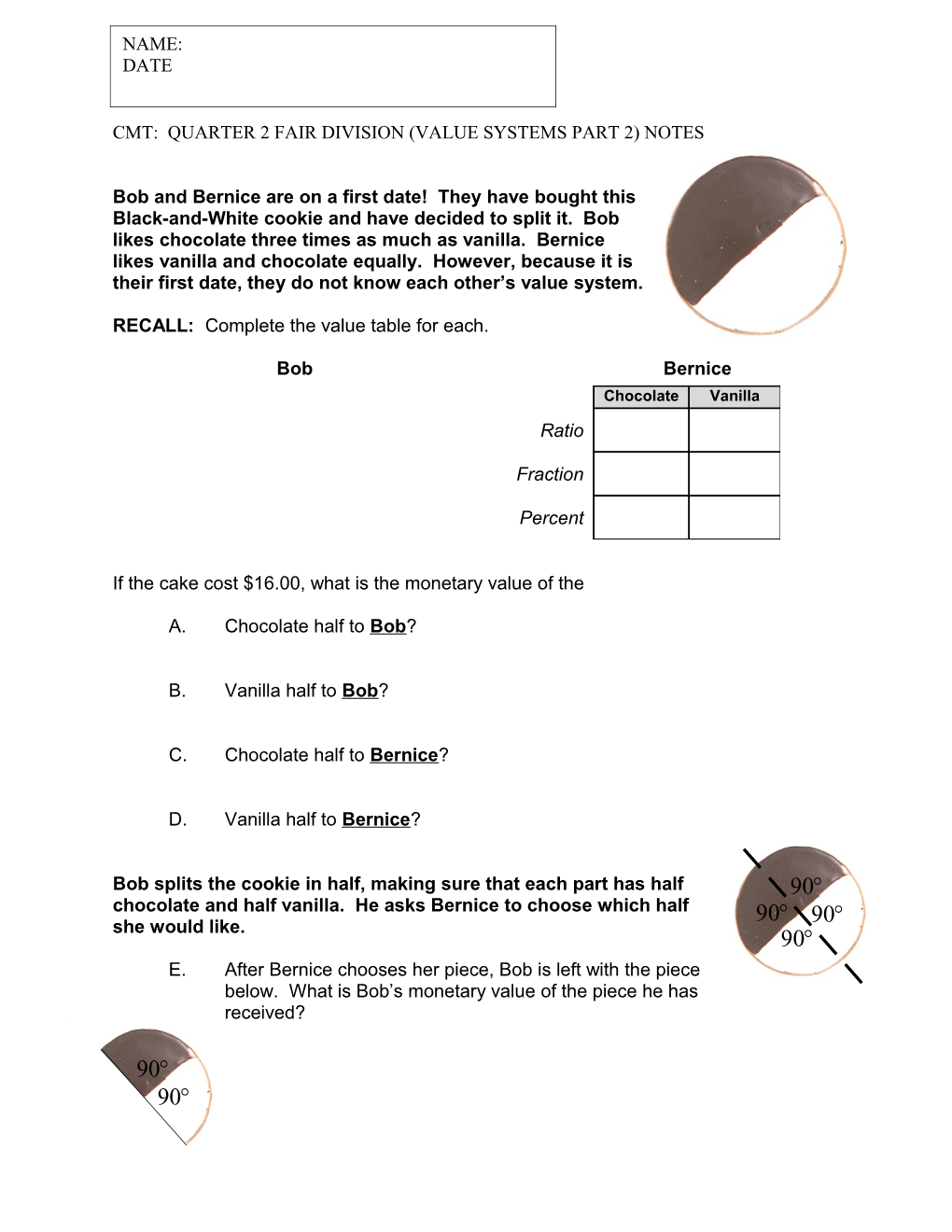 RECALL: Complete the Value Table for Each