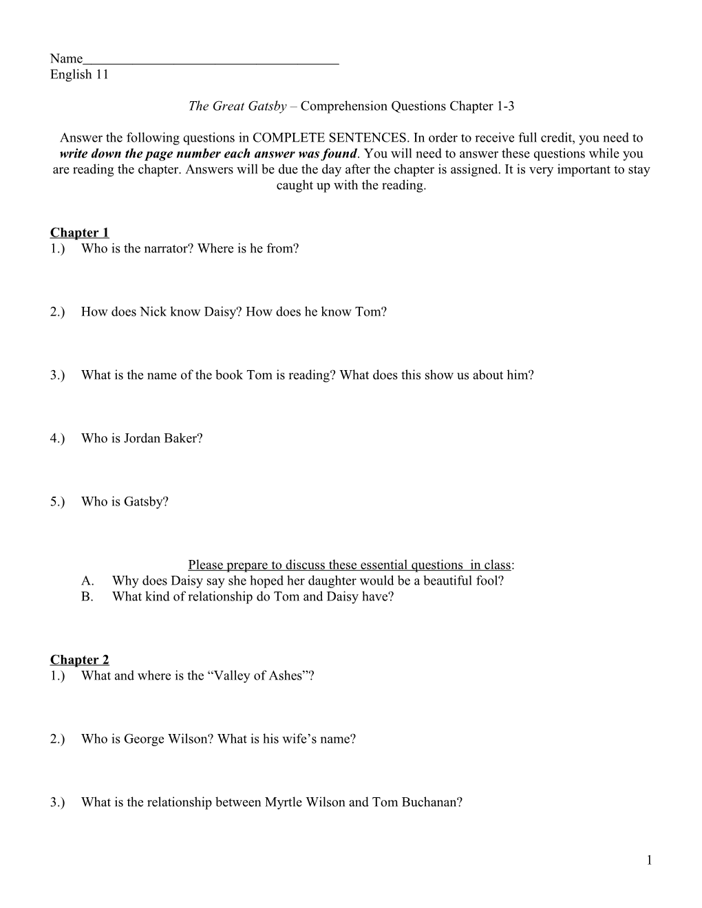 The Great Gatsby Comprehension Questions Chapter 1-3
