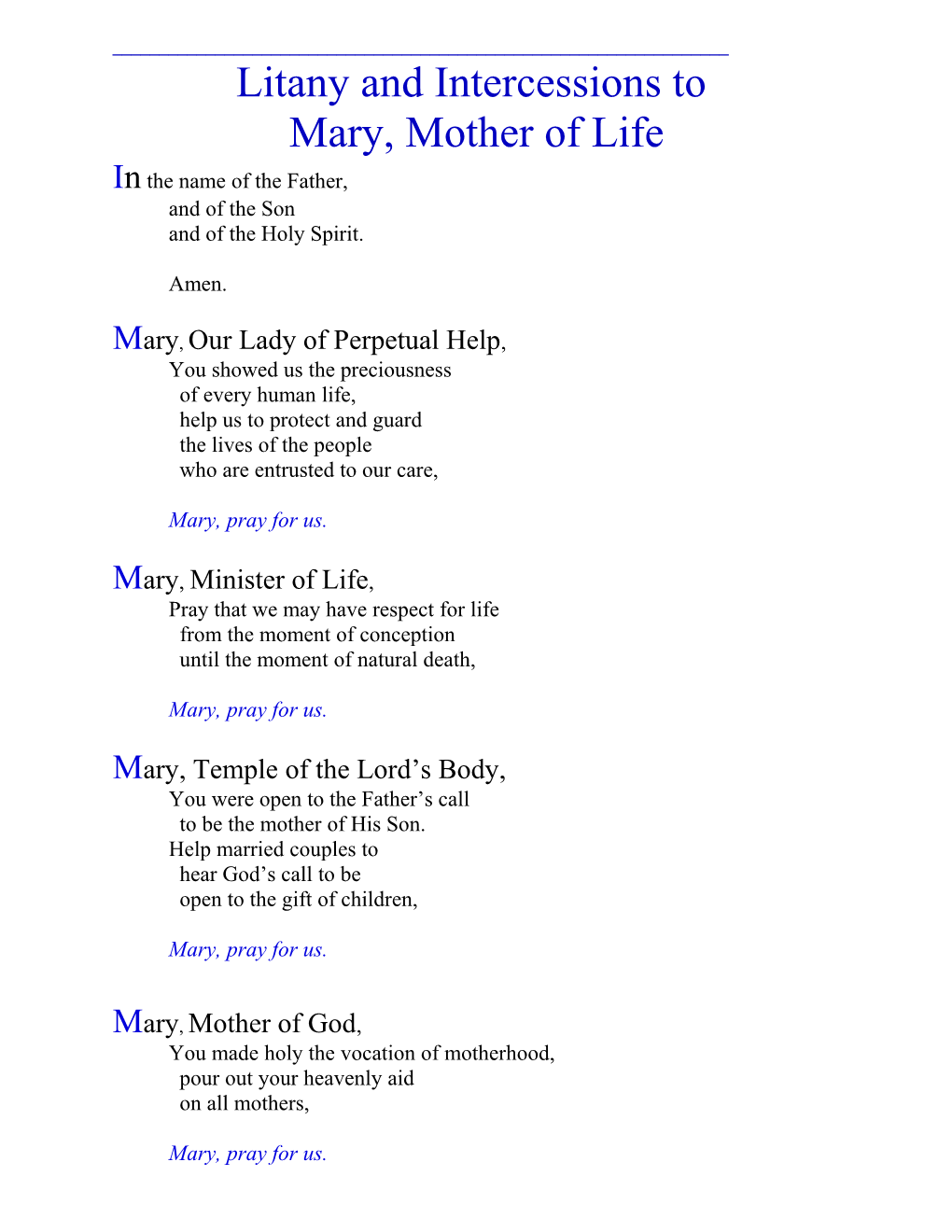 Litany to Mary, Mother of Life