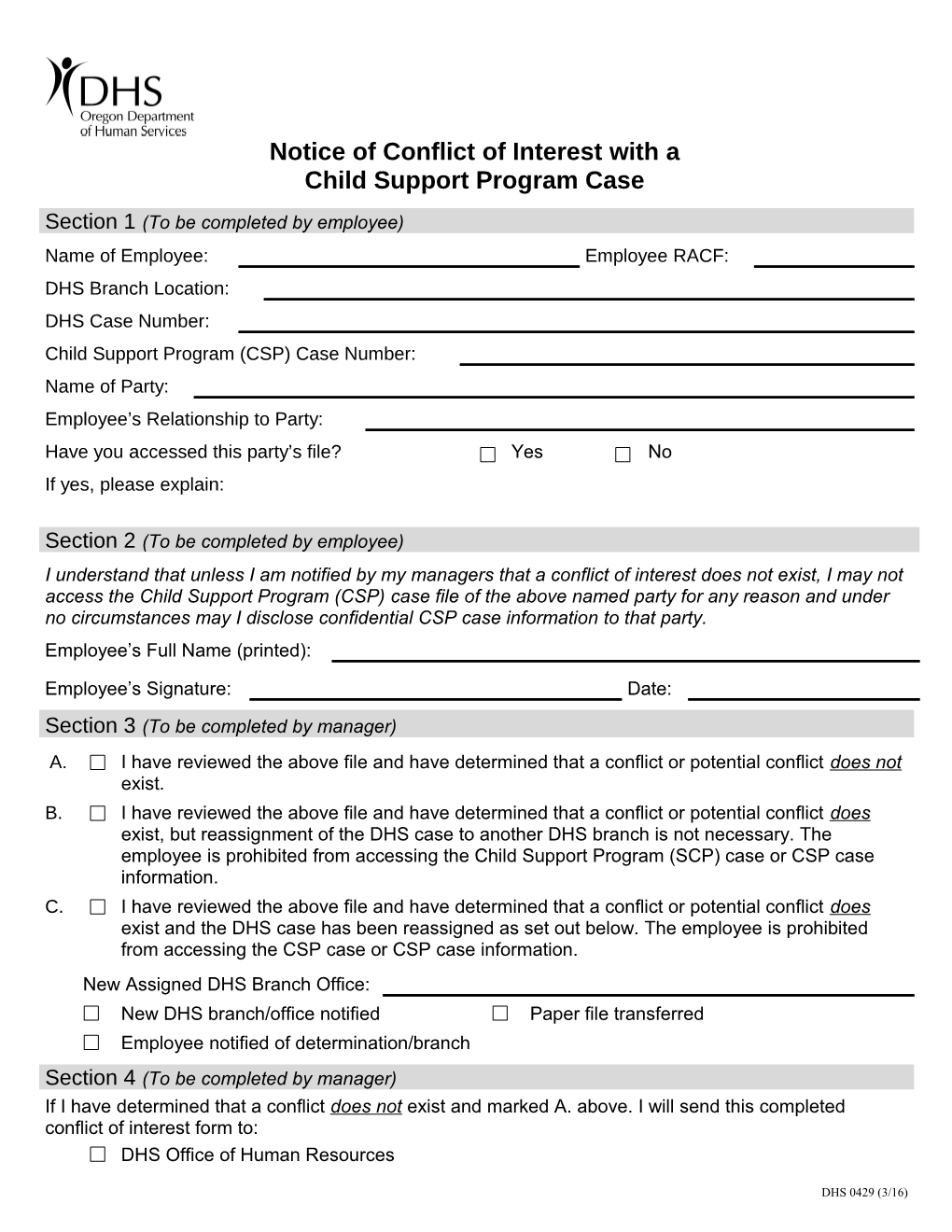 Notice of Conflict of Interest with a Chld Support Program Case (DHS 0429 (4/05))