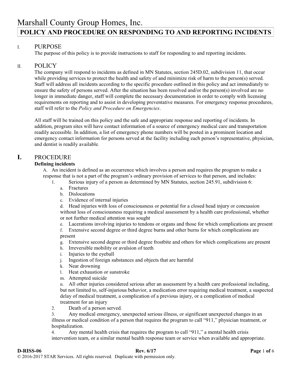 Policy & Procedure on Responding to & Reporting Emergencies