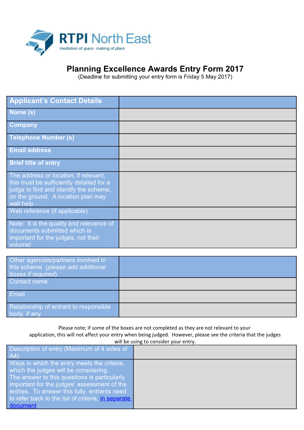 Planning Excellence Awards Entry Form 2017