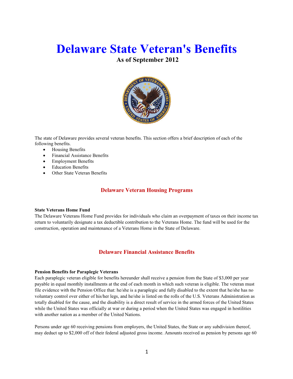 Delaware State Veteran's Benefits